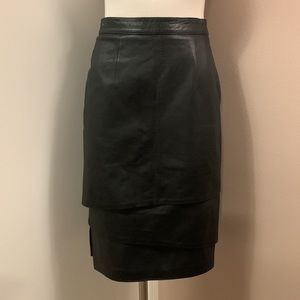 GINGETTE Tiered Black Leather Midi Skirt Size 38- Vintage Size.